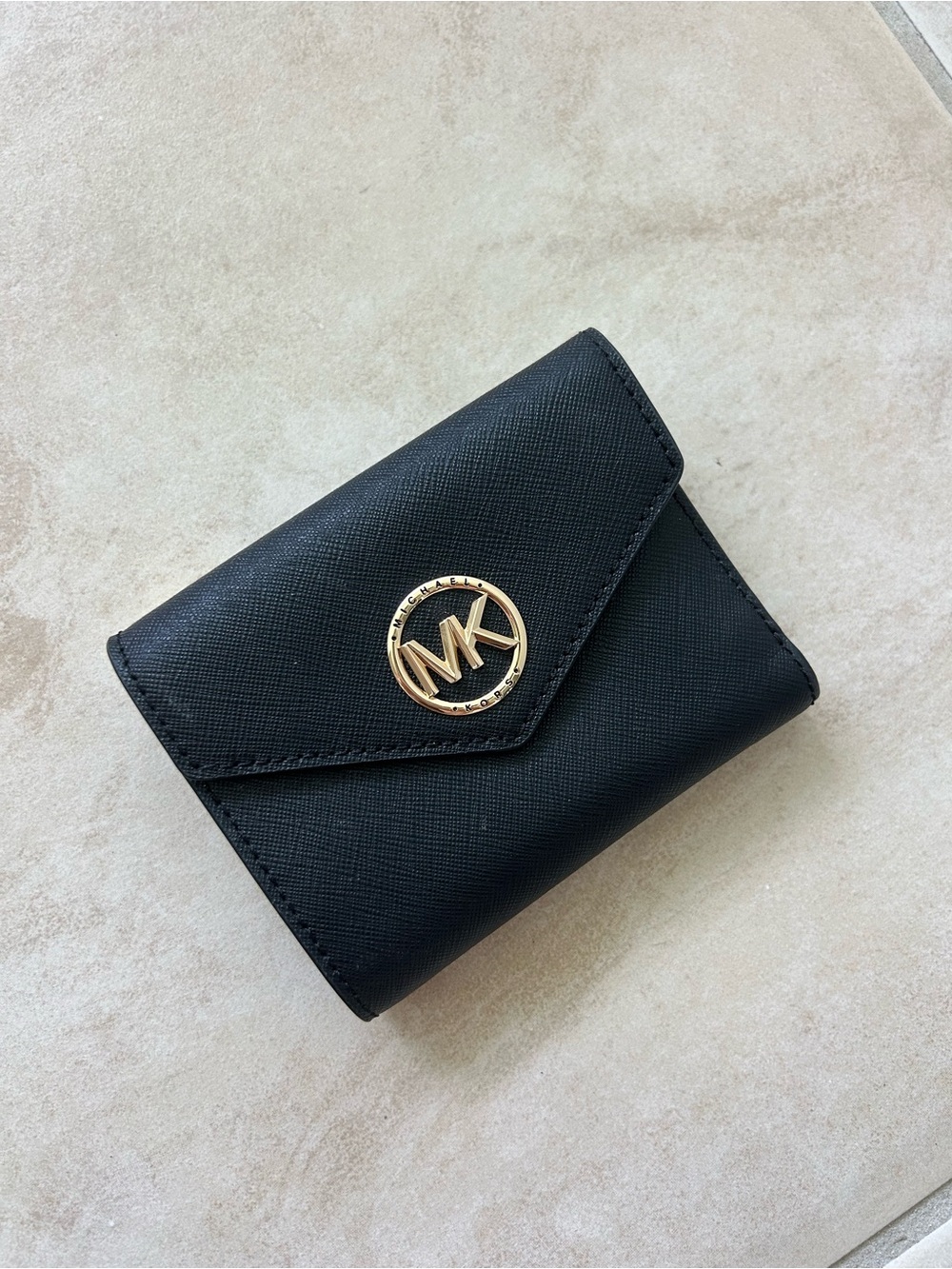 Michael Kors Black Leather Trifold Wallet with Gold MK Emblem
